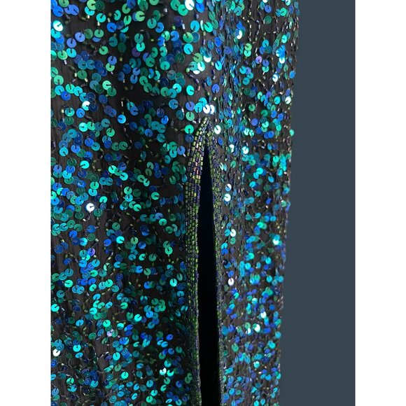 Vintage Scala Blue Green Fully Beaded Silk Evening Gown Medium Prom Y2K Rare - Picture 4 of 12